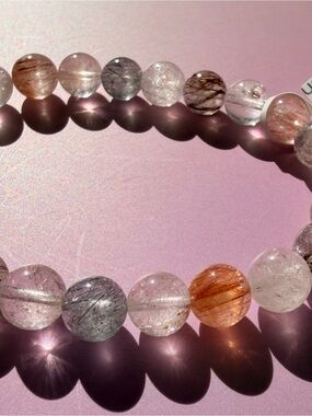 Clear and Pink Rutilated Quartz Bead Bracelet - Women Jewelry